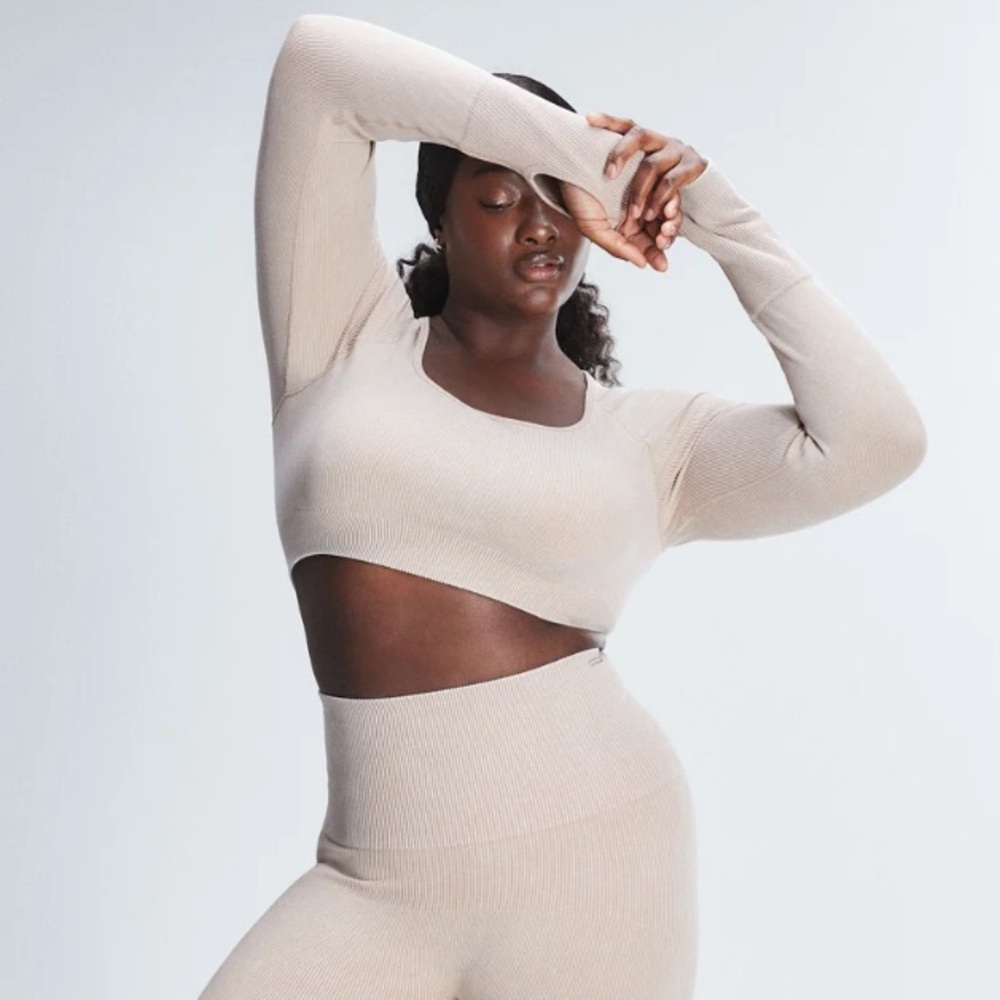 Savage X Fenty 3X Seamless Ribbed Long Sleeve Bra Top in Nude NEW